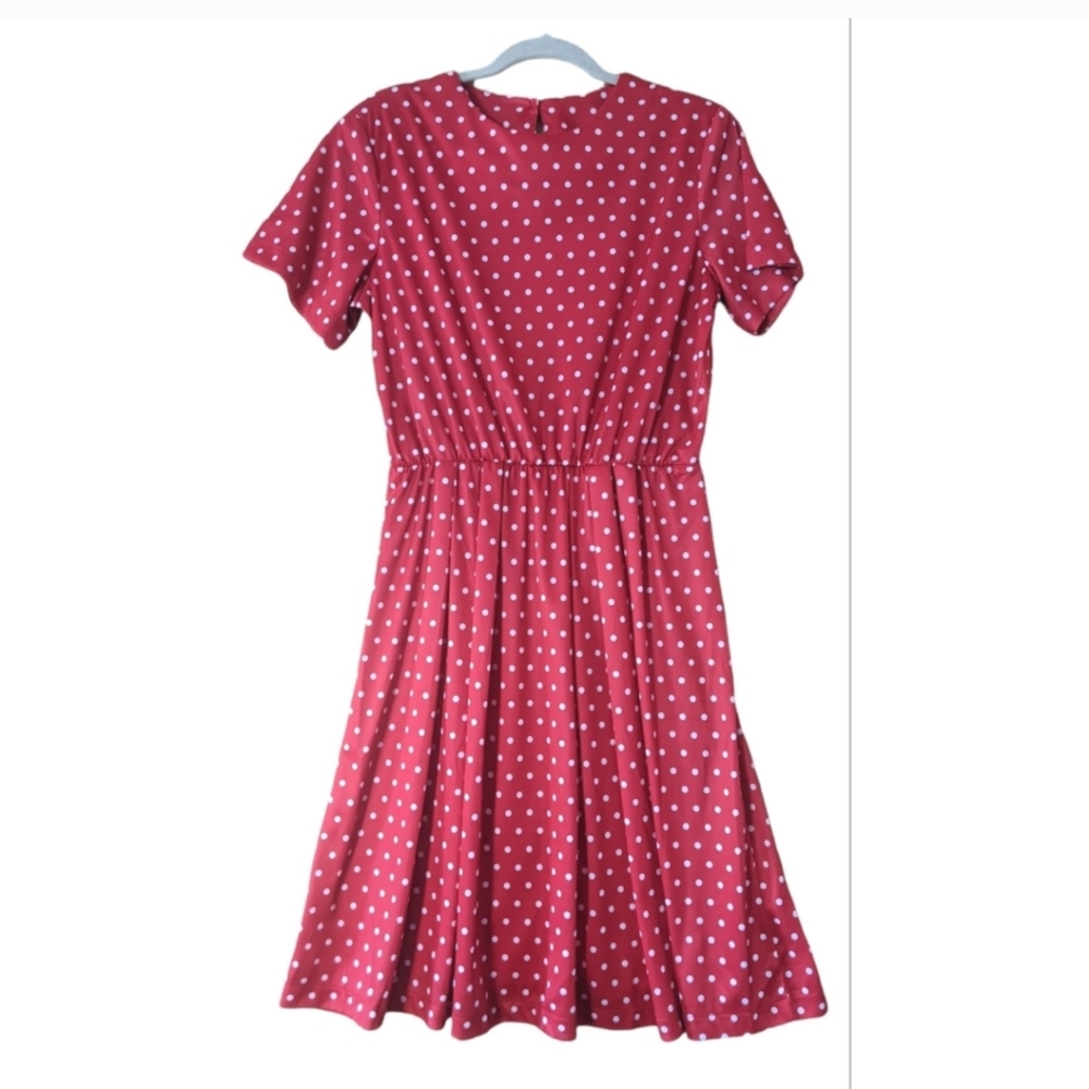 vintage 80s crew neck red white polka dot short sleeve midi dress 12 petite